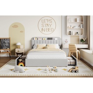 Queen Size Kids Bed Frame for Boys, Boucle Upholstered Platform Bed with Bookcase Headboard & Storage Drawers, No Box Spring Needed, Grey - 1 of 4