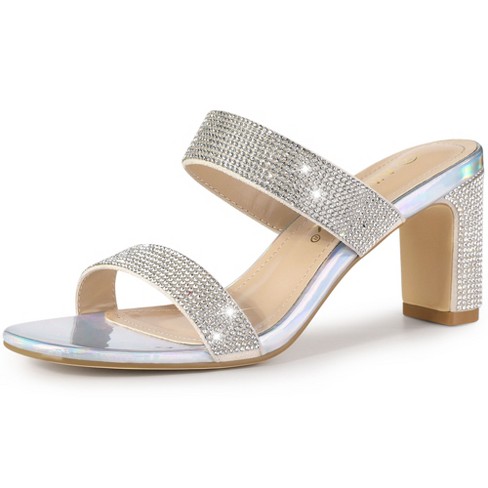 Allegra K Women's Rhinestone Chunky Heel Slide Heel Sandals Silver 7.5 ...