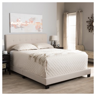 Beige Upholstered Full Bed with Tufted Headboard and Wood Frame