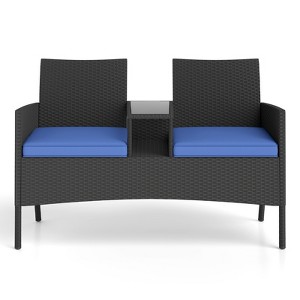 Tangkula Outdoor Rattan Loveseat 2-Seat Patio Conversation Set with Built-in Coffee Table Cushions Wicker Bench Furniture Blue - 1 of 4