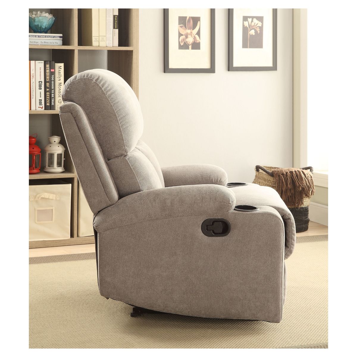 Rosia Linen Side Lever Recliner Gray - Acme Furniture: Microfiber, Side Handle, Cup Holders - thumbnail 4