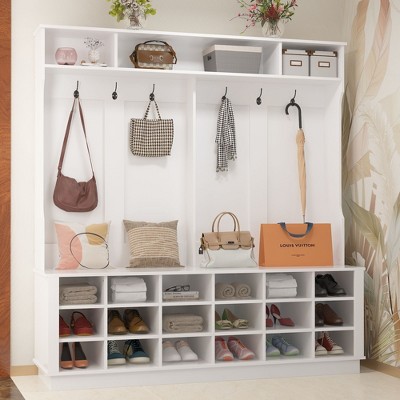 White MDF Wide Hall Tree with Shoe Cubbies and Hooks