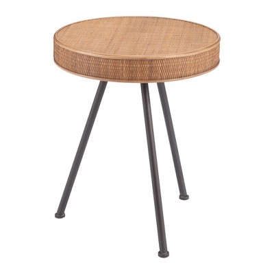 HomeRoots 23" Natural and Gray Rattan and Steel Round End Table