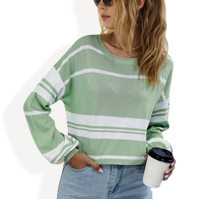 Anna-Kaci Women's Striped Relaxed Fit Crew Neck Pullover Knit Top