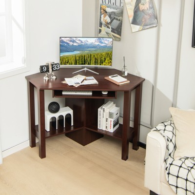 Compact Functional Brown Wood Corner Desk with Keyboard Tray and Drawer