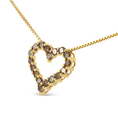 14K Yellow Gold Plated Silver 1.0 Ctw Champagne Diamond Heart Pendant Necklace