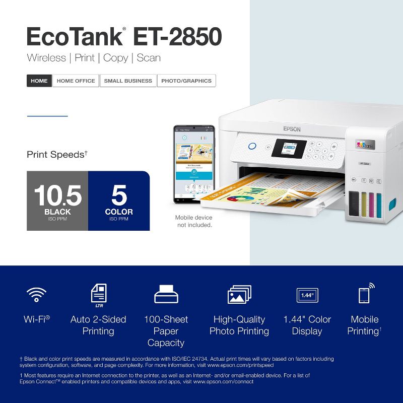 Epson EcoTank ET-2850 Wireless Color All-in-One Cartridge-Free Supertank Printer, Copier, Scanner - White, 6 of 9