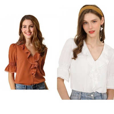 Allegra K Women's Ruffle V Neck Puff Sleeve Summer Casual Chiffon Peasant Top 2 Packs