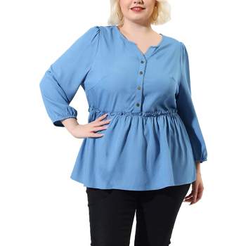 Agnes Orinda Women's Plus Size Regular Fit Peplum High Waist Pullover Puff Sleeve Chambray Blouse