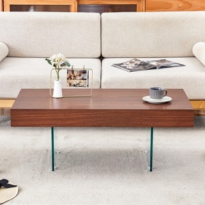 FONTOI Coffee Table with Tempered Glass Legs&Anti - slip Pads, Side Table with Round Edges, Transparent&Walnut, 21.6"*15"*39.3" - 1 of 4
