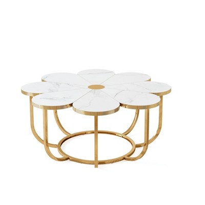 Resenkos Center Coffee Table, Living Room Table,Modern Coffee Table, Flower-Shaped Center Table with Faux Marble Tabletop White+Golden