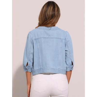 INSPIRE CHIC Women's Casual 3/4 Sleeve Collarless Button Up Cropped Denim Jacket Small Light Blue — фото 4