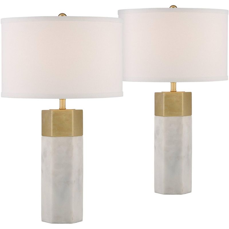 Possini Euro Design Modern Table Lamps 21" High Set of 2 Hexagonal Faux Marble and Gold Drum Shade for Living Room Family Bedroom Office, 1 of 9
