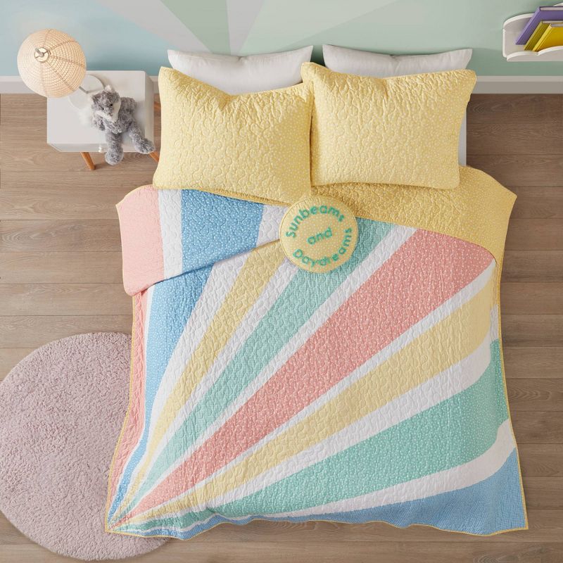 Erin Rainbow Sunburst Reversible Cotton Kids' Quilt Set Yellow, 1 of 18