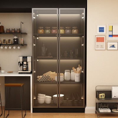 FUFU&GAGA Black Versatitle Display Cabinet with Glass DoorsKitchen Pantry