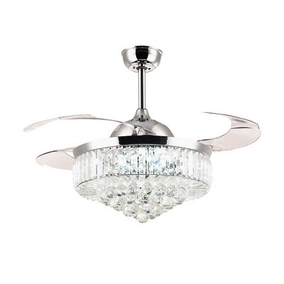 Ludomide 42" Retractable Crystal Ceiling Fans with Lights and Remote Modern Reverse Fandelier for Bedroom- Chrome