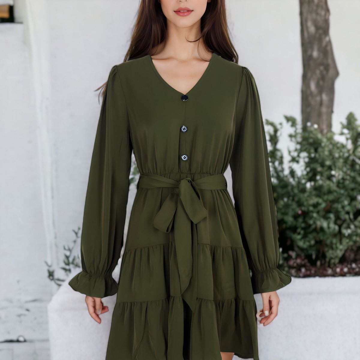 Anna-Kaci Women's Ruffle Chiffon V-Neck Bell Sleeves Beltd Midi Flowy Swing Skater Dress - thumbnail 6