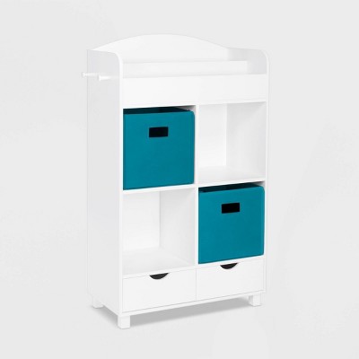 RiverRidge Kids' Book Nook Cubby Toy Storage Cabinet with Bookshelf, Drawers, and Hooks White with 2 Fabric Bins