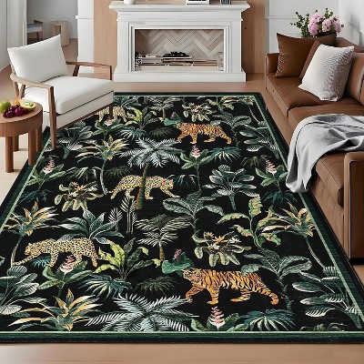 Washable Tiger Runner Rug for Kitchen Non-Slip Non-Shedding Animal Floral Long Carpet, Low Pile Botanical Floor Covering