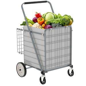 NAYSAYE Foldable Shopping Dolly Heavy Duty Utility Cart with Double Basket and Swivel Wheels for Groceries and Laundry, Gray, 26"*21.45"*40.9" - 1 of 4
