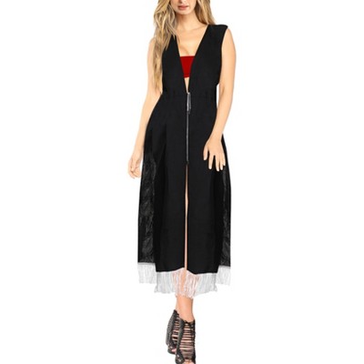 LA LEELA Women's Summer Open Front Vacation Beachwear Long Bathing Suit Slouchy Holiday Swimwear Coverups Duster Cardigans M-L Black, Solid
