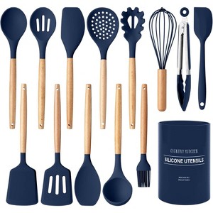 Country Kitchen Non Stick Silicone Utensil Set with Rounded Wood Handles for Cooking and Baking, 14 Piece Set, Navy - 1 of 4