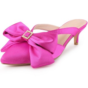 Perphy Women's Bow Rhinestones Kitten Heels Satin Slide Mules - 1 of 4