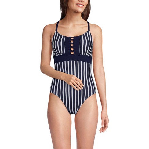 Lands' End Women's Chlorine Resistant Lace Up One Piece Swimsuit - 6 - Deep  Sea/White Media Stripe
