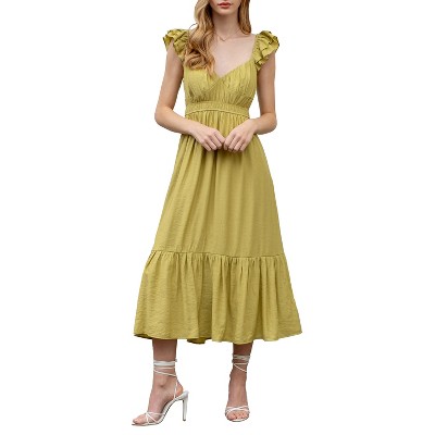 August Sky Women's Ruched Layered Ruffle Sleeve Midi Dress