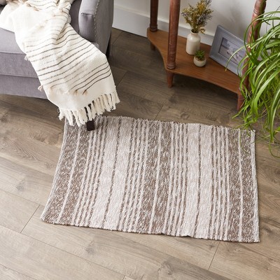 Handwoven Leather Brown and Off-White Cotton Stripe Rug, 2x3 ft