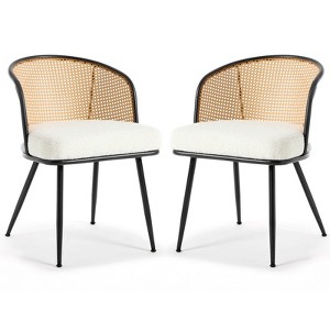 Bekrvio Rattan Dining Chairs - Cane Back & Curved Arm,Boucle Fabric Upholstered, Mid Century Modern Kitchen Chairs for Living Room - 1 of 4