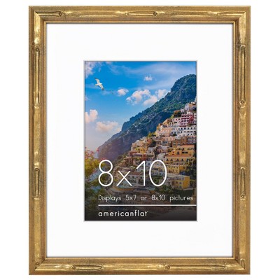 Americanflat 8x10 Picture Frame with Bamboo Design and Shatter-Resistant Glass - 5x7 with Mat or 8x10 Without Mat - Gold