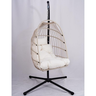 Grungis Egg Wicker Patio Swing Chair with Stand,Cushion and Pillow,Rattan Outdoor Swing for Bedroom,Garden,Courtyard