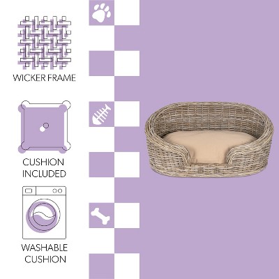 Curved Handwoven Rattan Dog Bed with Polyester Cushion
