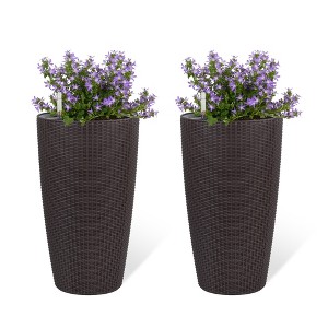 NAYSAYE Planter Set of 2 Faux Rattan Tall Planter with Automatic Watering System for Indoor Outdoor Garden, Brown, 12.8"*12.8"*22.17" - 1 of 4