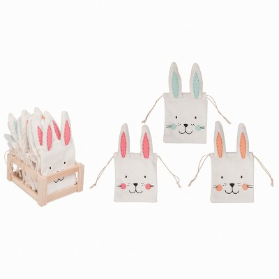 Transpac Canvas 7.5 in. White Easter Bunny Treat Sack with Display Set of 12