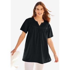Woman Within Women's Plus Size Smocked Split Neck Tunic - 1 of 4