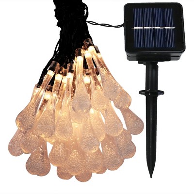 Sunnydaze Outdoor Hanging LED Solar Powered Water Drop Style Deck Patio String Lights - 20' - Warm White