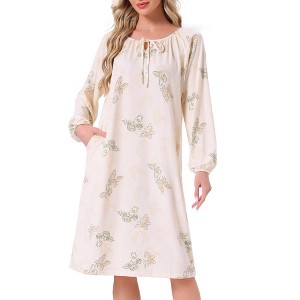 INSPIRE CHIC Womens Nightgown Floral Long Sleeve Pleated Raglan Sleeve Elastic Cuff Midi with Pocket Sleepwear Nightdress - 1 of 4