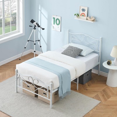 Twin Metal Bed Frame with Headboard, Durable Platform, Heavy Duty Steel Slats, Rounded Corners, Strong Bearing Capacity, Under Bed Storage, White