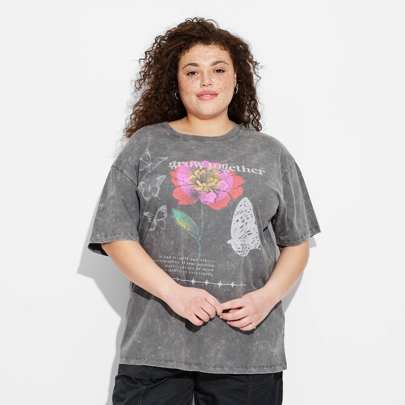 Women's Grow Together Butterfly Oversized Short Sleeve Graphic T-Shirt - Gray, 1 of 7