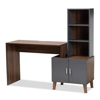 Tobias Mid-Century Modern Two-Tone White and Walnut Brown Finished Wood  Storage Computer Desk with Shelves