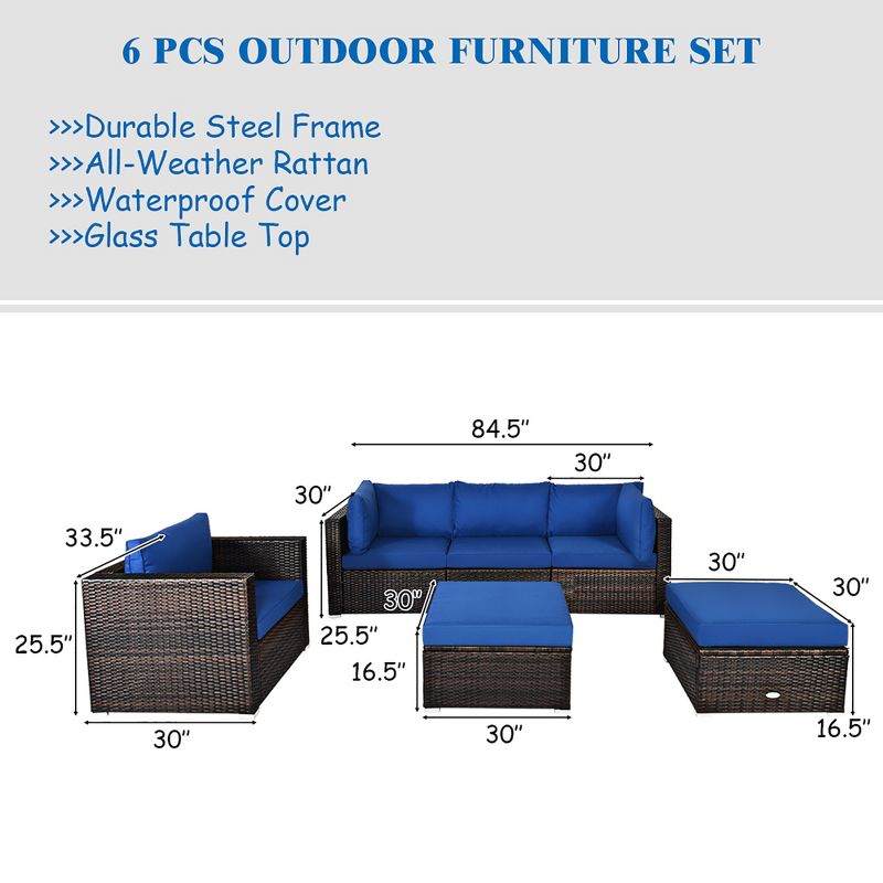 Costway 6PCS Patio Rattan Furniture Set Sectional Cushion Sofa Coffee Table Ottoman Navy, 3 of 11