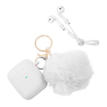 Insten Cute Case Compatible with AirPods 1 & 2 - Fluffy Pom Pom Protective Silicone Cover with Keychain, White