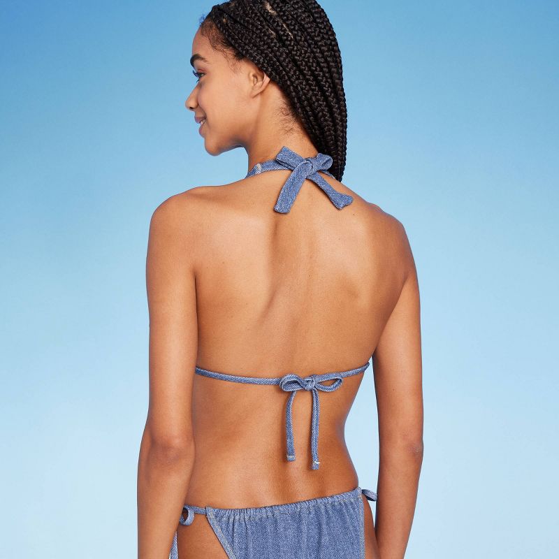 Women's Denim Textured Halter Triangle Bikini Top - Wild Fable™ Dark Denim Blue, 3 of 7