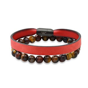 Steeltime Men's 2pc set genuine tiger eye beaded bracelet and genuine red leather & black ip stainless steel bracelet - 1 of 4