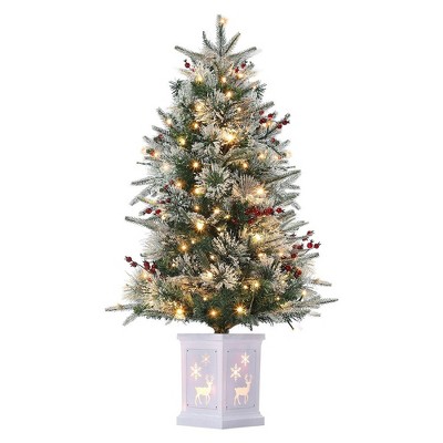 3ft Mini Xmas Tree, Pre-Lit Artificial Tree w/78 Warm White Lights, Tabletop Christmas Tree w/Timer Function, Snow Flocked Xmas Tree w/ Base