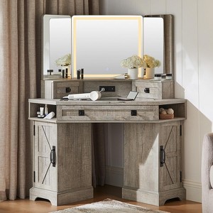 SinCiDo 48" Farmhouse Corner Vanity Desk, w/ 3 Way Mirror & Lights, Charging Station, Glass Tabletop, 3 Drawers and 2 Lockers, Bedroom Dressing Table - 1 of 4