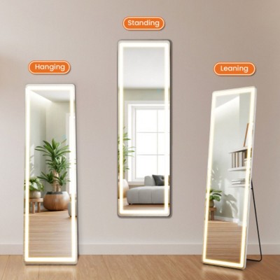 3 Color Lighting Mirror with LED Lights, 60"x16" Lighted Floor Standing Mirror with Stand