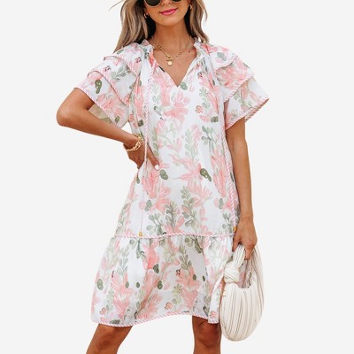 Amaryllis Women’s Floral Collared Babydoll Dress Puff Short Sleeves Flowy Silhouette Pockets Lightweight
